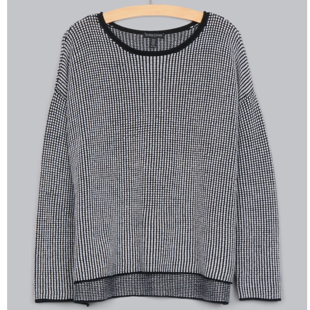 Eileen Fisher Merino Wool Waffle Stitch Ribbed Boxy Knit Crewneck Sweater XS